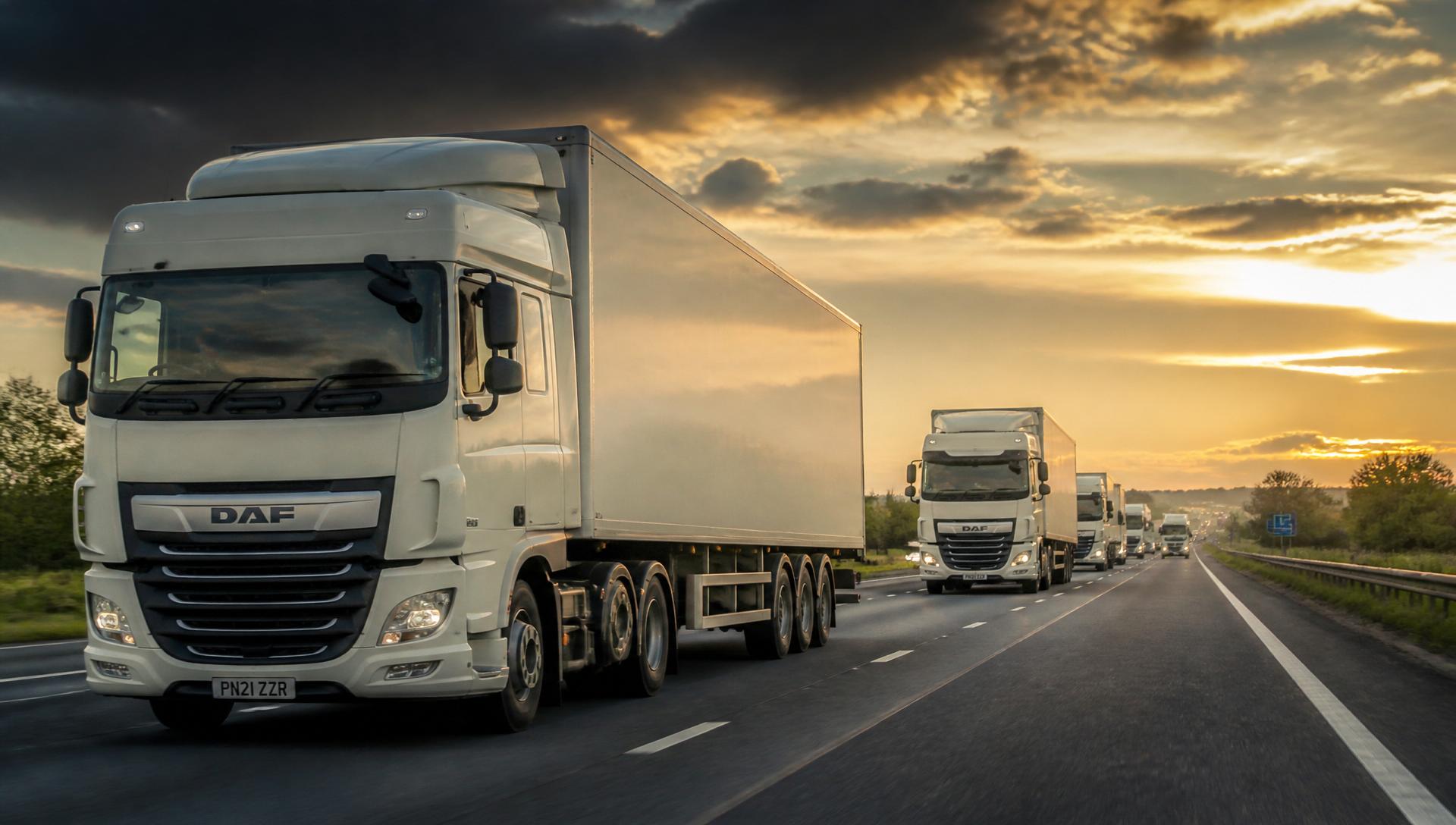 Fleet of HGV trucks on the motorway at sunset
